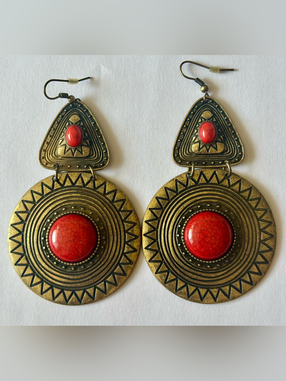 Boho Red and Antiqued Gold Statement Drop Earrings